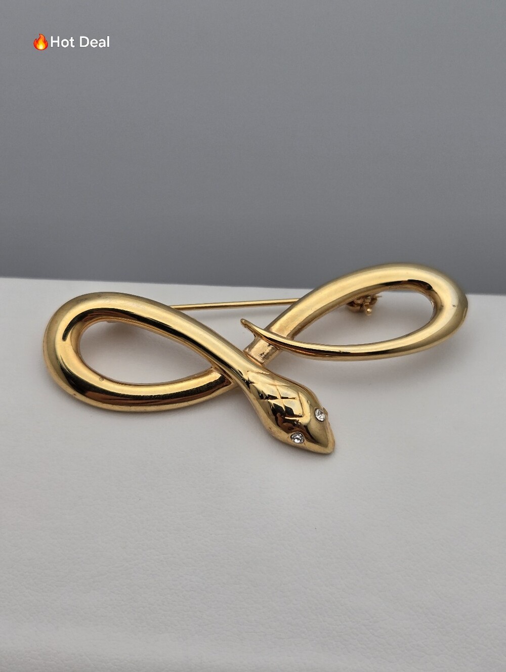 Snake Infinity Figure Eight Rhinestone Brooch Serpent Pin 2.25" Gold Tone